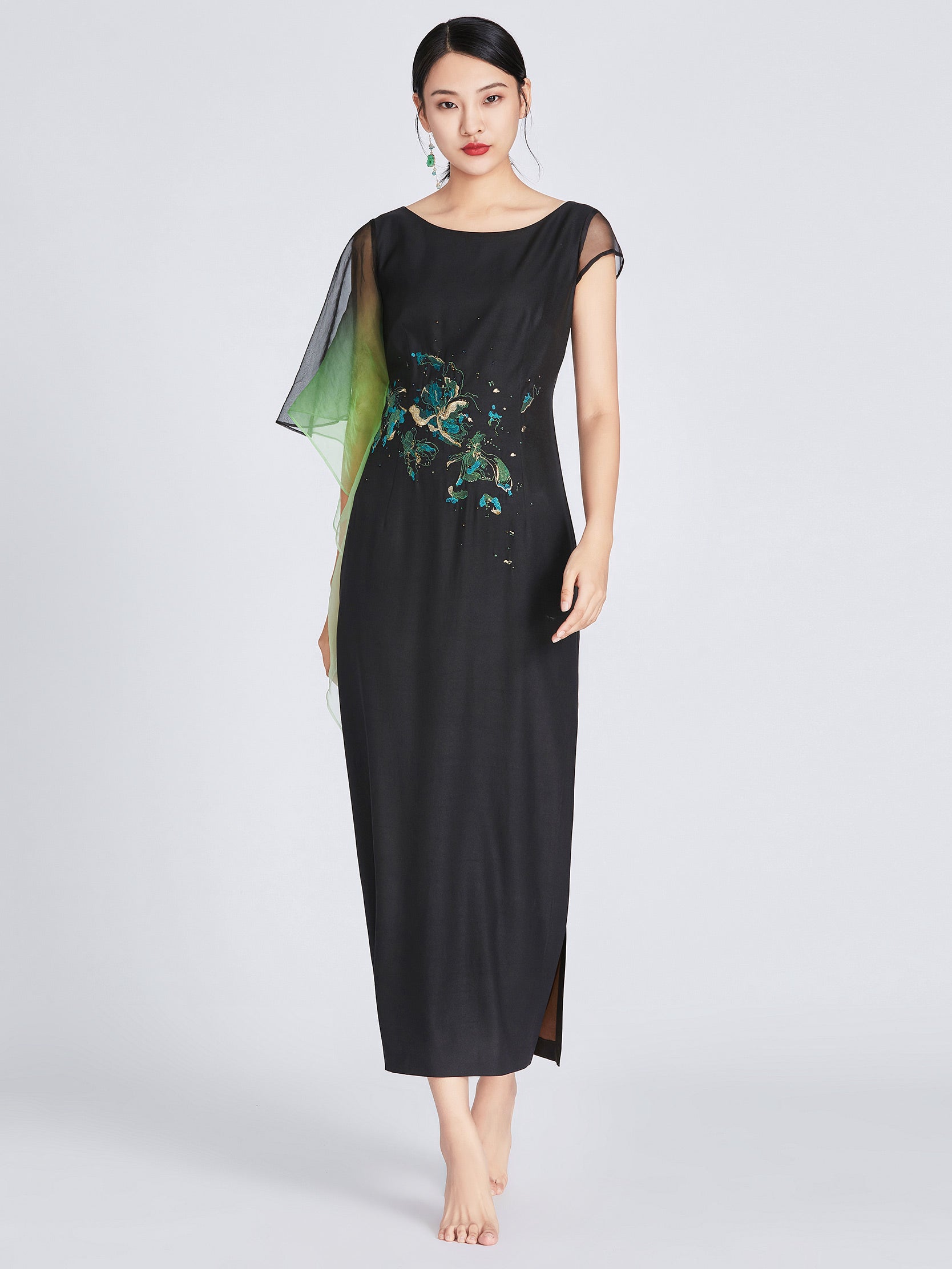 Stretch Gambiered Guangdong Silk  Embroidery Dress