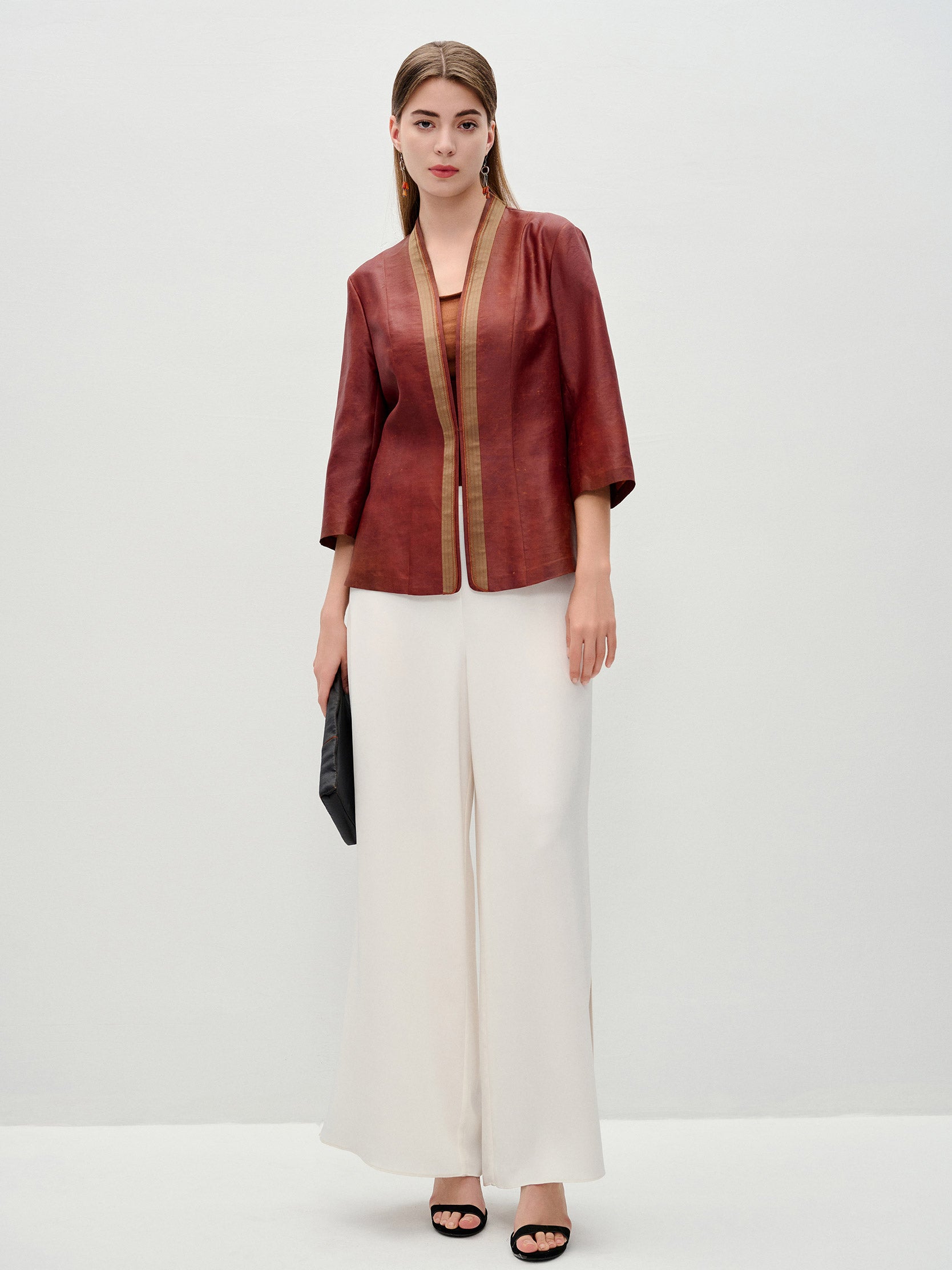 Unvarnished-mud TANGY Silk Jacket with Stitch Element