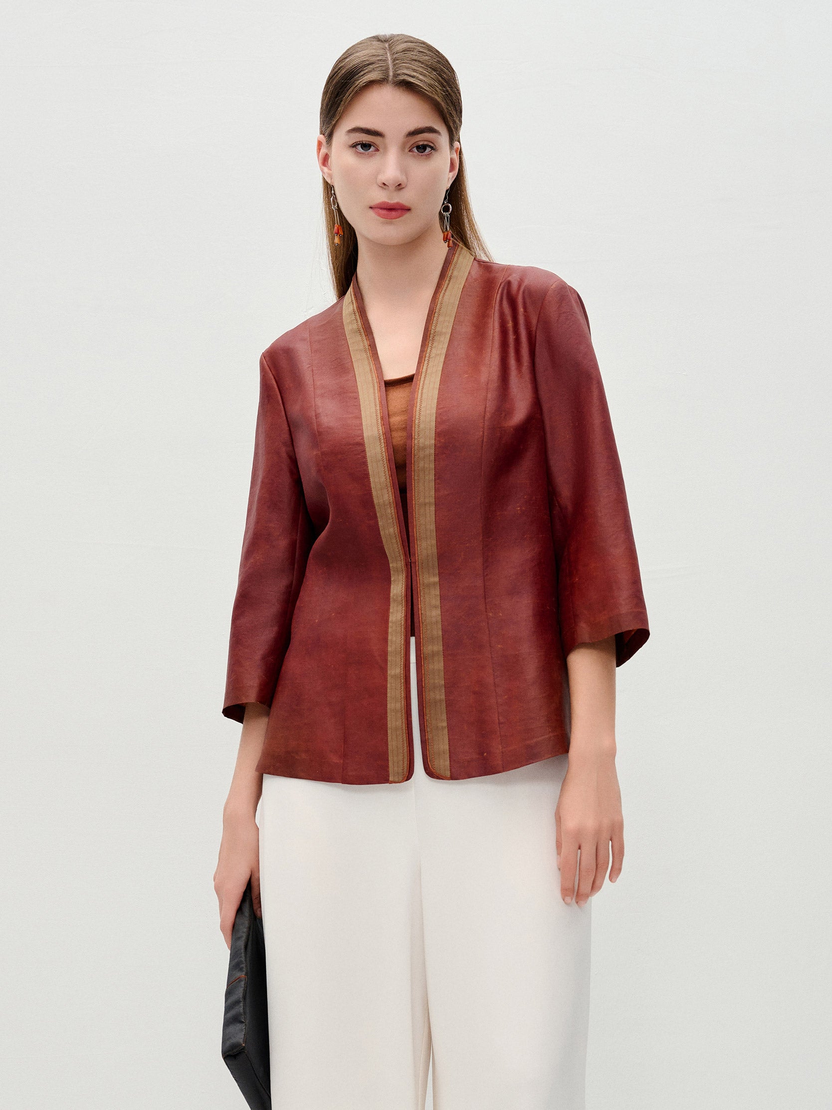 Unvarnished-mud TANGY Silk Jacket with Stitch Element